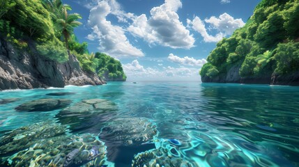 Tropical island , Vivid Ocean, Happy Natural , Blue and Green Sea, Ocean life, 