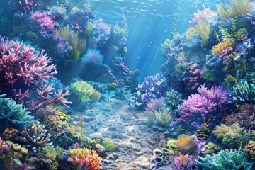 Immerse yourself in the awe-inspiring beauty of a detailed illustration showcasing the diverse and colorful ecosystem of a coral reef.