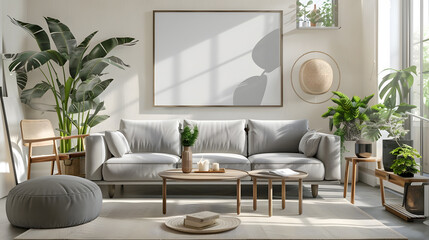 Stylish living room composiiton with mock up poster frame grey sofa wooden furnitutre and personal accessories Pastel neutral colours Template : Generative AI