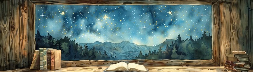 Obraz premium A watercolor of a serene cabin on another planet, with an open book on the desk showcasing the stars visible from its window
