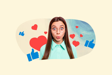 Creative photo picture young girl funny face expression love feedback thumb up like approval social media reaction drawing background