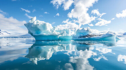 Iceberg reflections on calm Arctic waters. Generative AI	