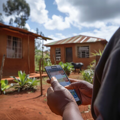 Kenyan woman uses mobile banking app, a bridge to a brighter future.  Empowered by technology in a...