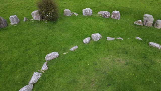 Drone shot of Ballynoe stone circle, believed to be 3500 years old, County Down, Northern Ireland