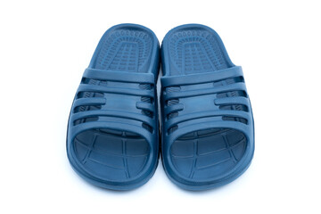 Colorful blue Sandals shoes. Pair of stylish blue flip-flops on white background