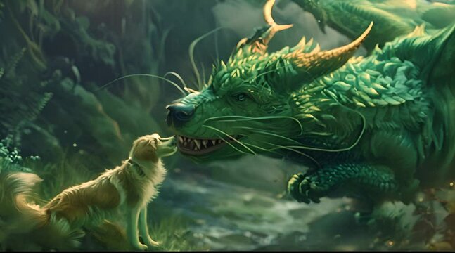 A dog and a dragon getting friends in a dark forest in a fantasy tale 
