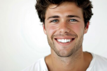 Obraz premium Male Model White Background. Closeup Portrait of a Smiling Young Man with a Photogenic Smile,