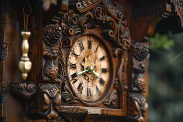 A detailed shot of an old-fashioned cuckoo clock with wooden carvings and brass pendulum