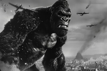 gorille géant dans la ville de new york au milieu des buildings et de l'armée