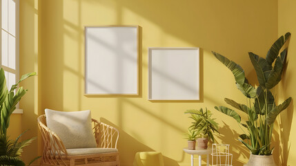 Stylish composition of living room interior with design rattan armchair two mock up poster frames plants cube palid and personal accessories in honey yellow home decor Template : Generative AI