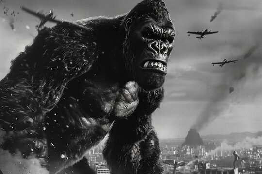 gorille g&eacute;ant dans la ville de new york au milieu des buildings et de l'arm&eacute;e