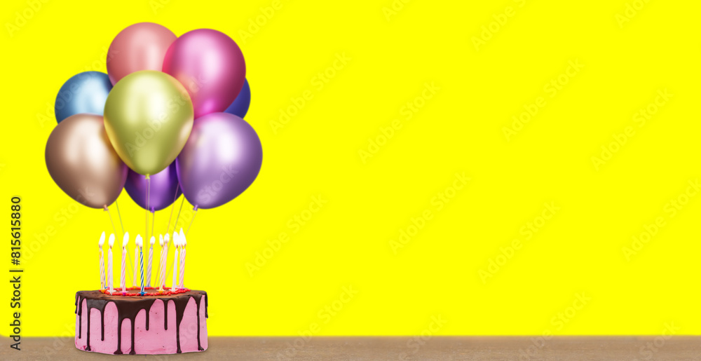 Poster Birthday cake with bunch of colorful shiny balloons on yellow background. Empty space for text. 3d rendering
