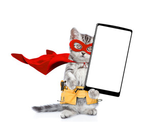 Cute kitten wearing red superhero costume and tool belt standing on hiund legs and looking at...