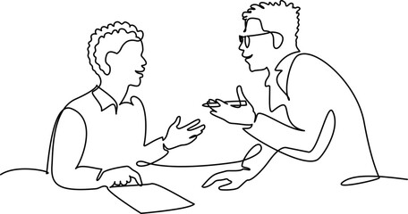 Male teacher explaining a task to a boy student. One line drawing