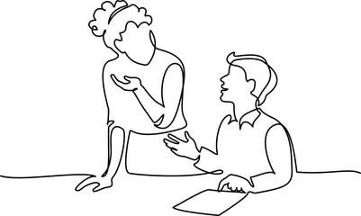 Female teacher explaining a task to a boy student. One line drawing
