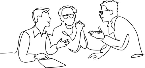 Group of male scientists employees discussing work problems.