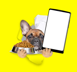 Funny French bulldog puppy wearing chef's hat looks through a hole in yellow paper, holds bowl of...