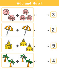 Counting educational children game. Math kids activity sheet. How many counting game with cute beach illustration.	