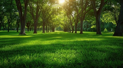 Obraz premium Park Trees. Green Grass and Sunshine in a Summer Forest Setting