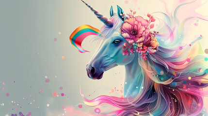 A cute unicorn adorned with a floral crown stands proudly in front of a vibrant rainbow flag, set against a minimalist pastel background. This whimsical and colorful image provides ample copy space,