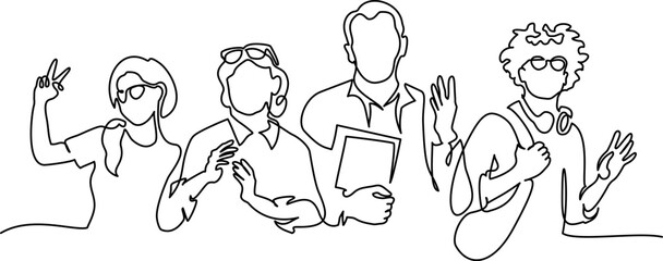 Group of people greeting Hands up. Continuous one line drawing.