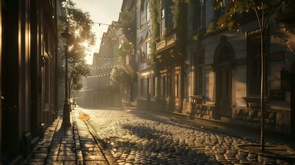 A quaint cobblestone street in a historic European town is bathed in warm sunlight, which highlights the charming architecture and peaceful morning.