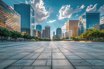 Fototapeta premium City Street Buildings. Panoramic Skyline of Modern Business Office Buildings with Empty Road