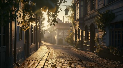 Warm sunlight bathes a quaint cobblestone street in a historic European town, highlighting the charming architecture and peaceful morning.
