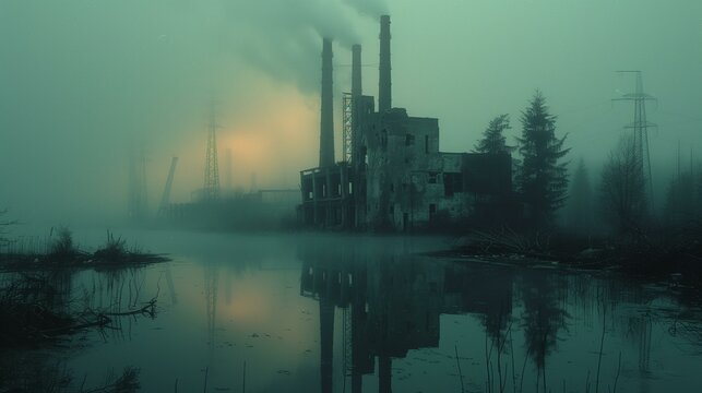 Eerie scene of an abandoned industrial factory emitting smoke into the foggy dusk sky, reflected in a still water body. - Powered by Adobe