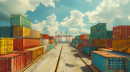A large number of colorful containers are stacked in a warehouse at the seaport. View of the container yard for shipment