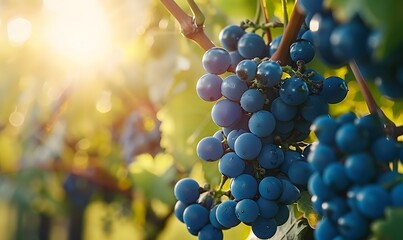 ripe blue grape clusters on the vine in sunlight,Generative AI
