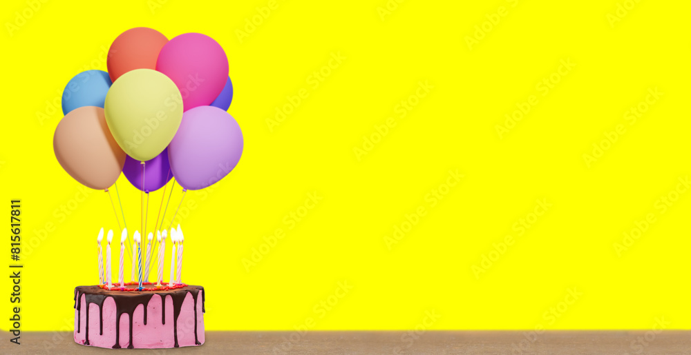 Poster Birthday cake with bunch of colorful balloons on yellow background. Empty space for text. 3d rendering