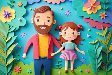 Papercut illustrations of cute father and his daughter on floral background