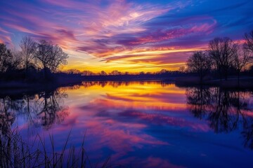 Fototapeta premium A serene lakeside scene with a vibrant sunset reflecting off the water