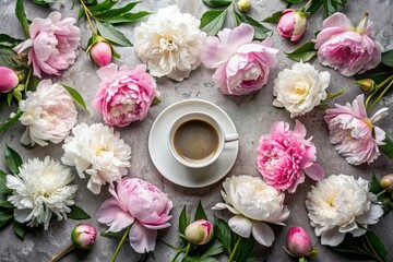 A beautiful postcard. A coffee cup with a saucer and white, pink peonies. A beautiful still life. Spring, summer time. The concept of "Good morning".