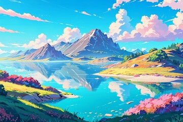 Rolling Hills and Crystal Clear Lake: Anime Style Landscape