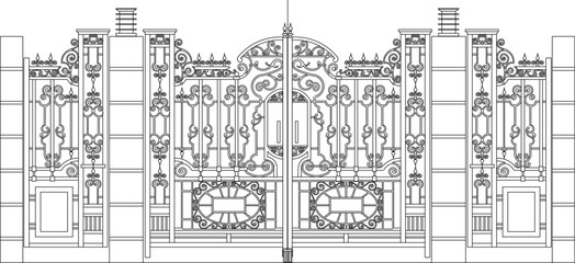 Sketch illustration vector design drawing of old classic vintage European design iron fence gate