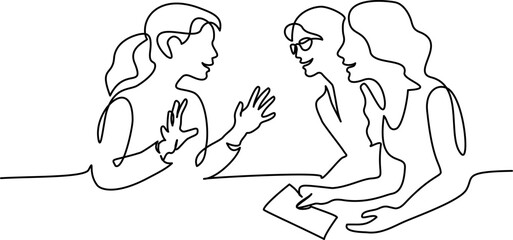 Girl student tells idea to her friends. Women work together