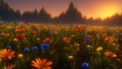 3D render of a beautiful field of flowers in the morning fog