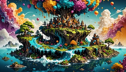 Cartoon fairy tale castle on island. Fantasy landscape. Vector illustration