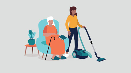 Adobe Illustrator Vektor-Illustration einer pflegebed&uuml;rftigen &auml;lteren Person, die entspannt in einem Sessel sitzt, w&auml;hrend eine Krankenschwester das Haus putzt - soziales KonzeptArtwork