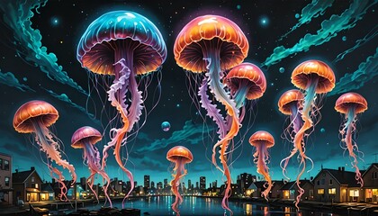 Jellyfish in the night city. 3d rendering, 3d illustration.