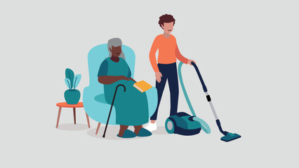 Adobe Illustrator Vektor-Illustration einer pflegebed&uuml;rftigen &auml;lteren Person, die entspannt in einem Sessel sitzt, w&auml;hrend eine Krankenschwester das Haus putzt - soziales KonzeptArtwork