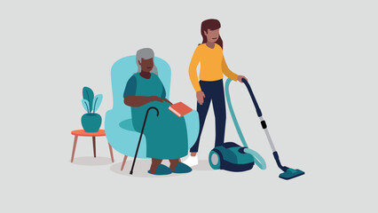 Adobe Illustrator Vektor-Illustration einer pflegebedürftigen älteren Person, die entspannt in einem Sessel sitzt, während eine Krankenschwester das Haus putzt - soziales KonzeptArtwork