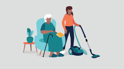 Adobe Illustrator Vektor-Illustration einer pflegebed&uuml;rftigen &auml;lteren Person, die entspannt in einem Sessel sitzt, w&auml;hrend eine Krankenschwester das Haus putzt - soziales KonzeptArtwork