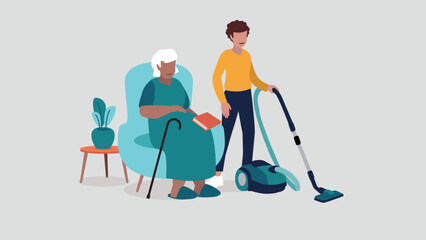 Adobe Illustrator Vektor-Illustration einer pflegebed&uuml;rftigen &auml;lteren Person, die entspannt in einem Sessel sitzt, w&auml;hrend eine Krankenschwester das Haus putzt - soziales KonzeptArtwork