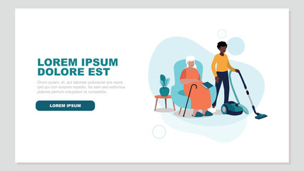 Adobe Illustrator Vektor-Illustration einer pflegebed&uuml;rftigen &auml;lteren Person, die entspannt in einem Sessel sitzt, w&auml;hrend eine Krankenschwester das Haus putzt - soziales KonzeptArtwork