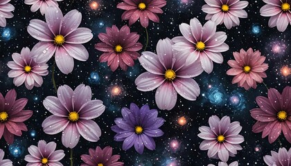 Seamless floral pattern with cosmos flowers on a dark background.
