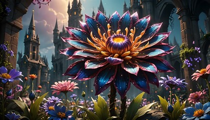 Beautiful fantasy flower in the garden. 3d rendering. Computer digital drawing.