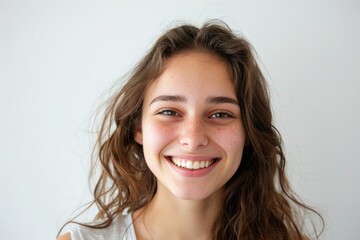 Naklejka premium Happy People On White. Portrait of a Young Beautiful Woman Smiling Isolated on White Background